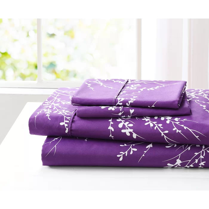 Full Purple/Ivory Dalaman Floral Sheet Set, (4 Piece Set)
