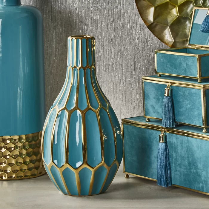 12" H x 6.25" W x 6.25" D Turquoise / Gold Darin Ceramic Table Vase