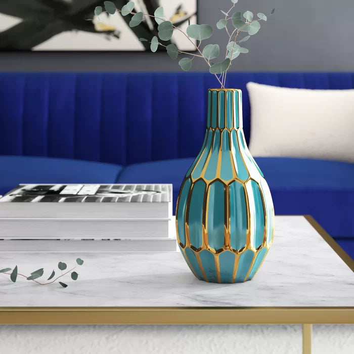 12" H x 6.25" W x 6.25" D Turquoise / Gold Darin Ceramic Table Vase