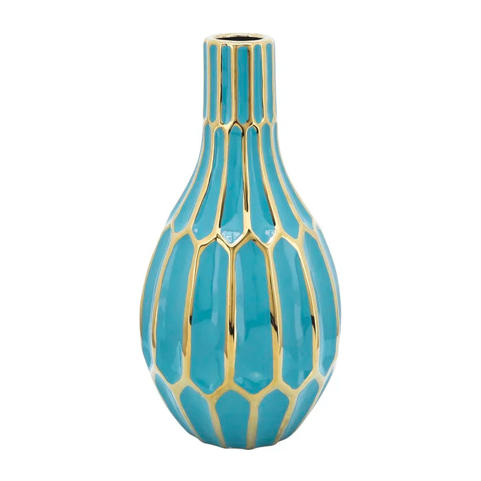 12" H x 6.25" W x 6.25" D Turquoise / Gold Darin Ceramic Table Vase