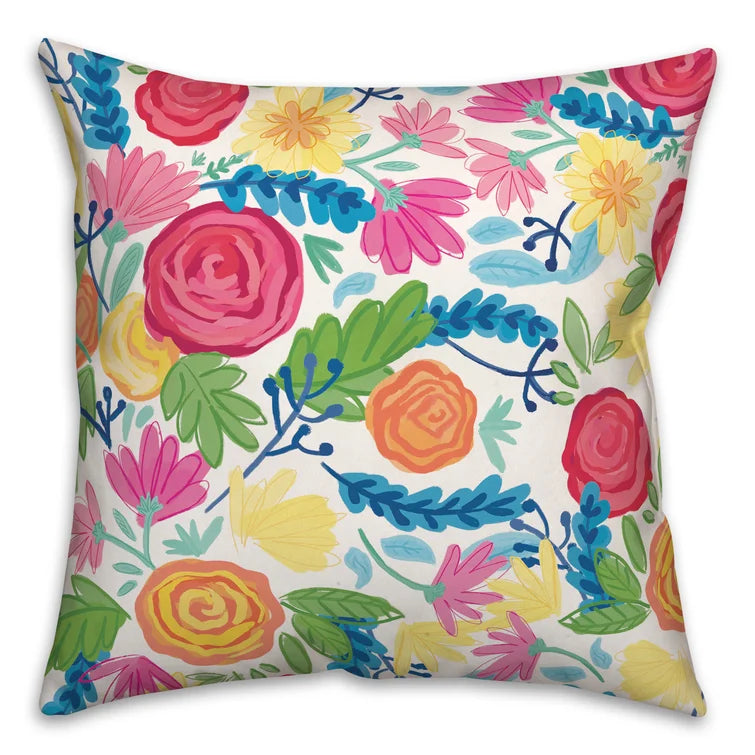 16" x 16" Pink Debera Bright Flowers Outdoor Square Pillow Cover & Insert