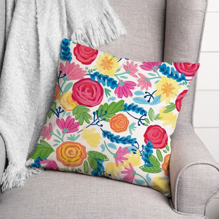 16" x 16" Pink Debera Bright Flowers Outdoor Square Pillow Cover & Insert