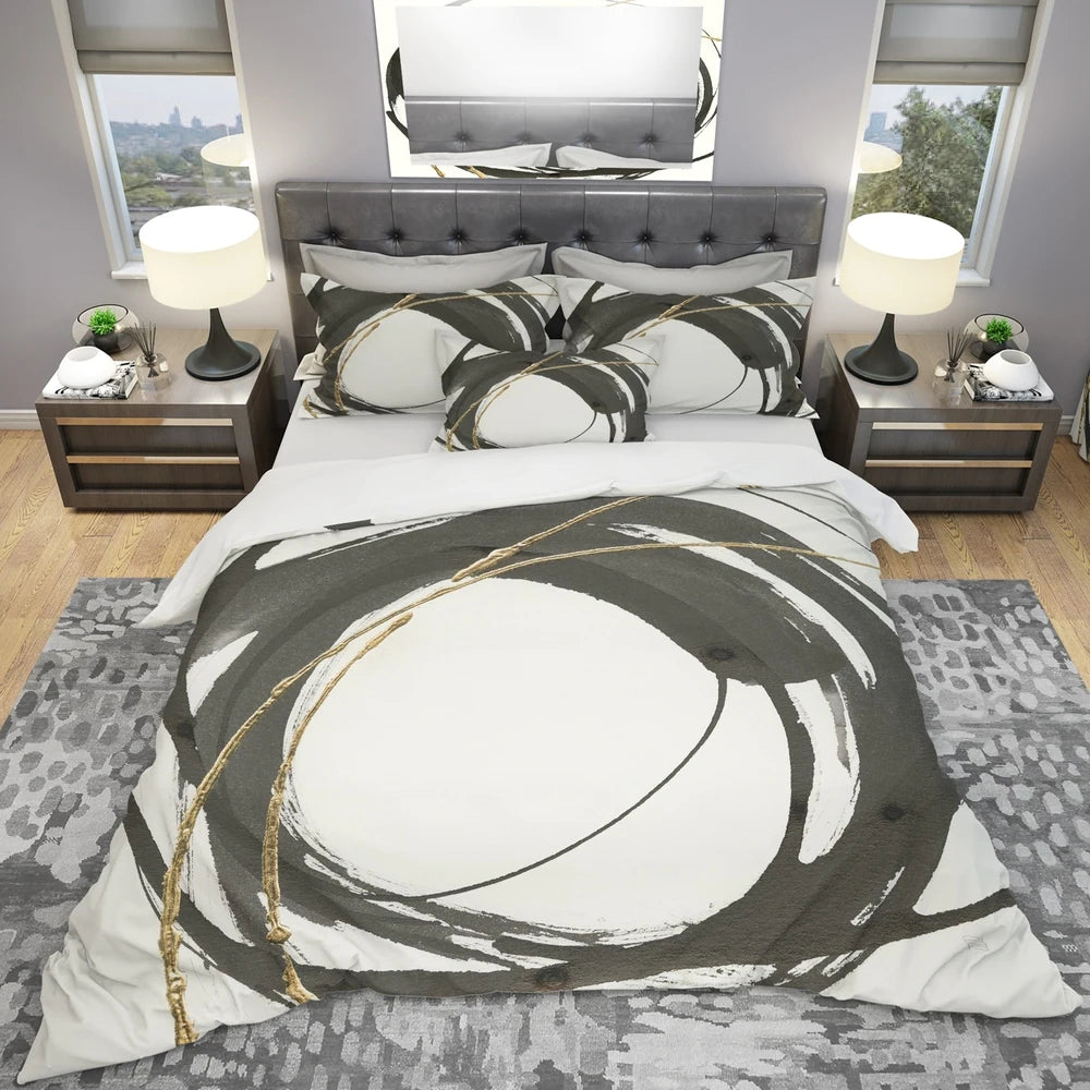 'Gold Glamour Circle I' Geometric Bedding Set - Duvet Cover & Shams, Full/Queen