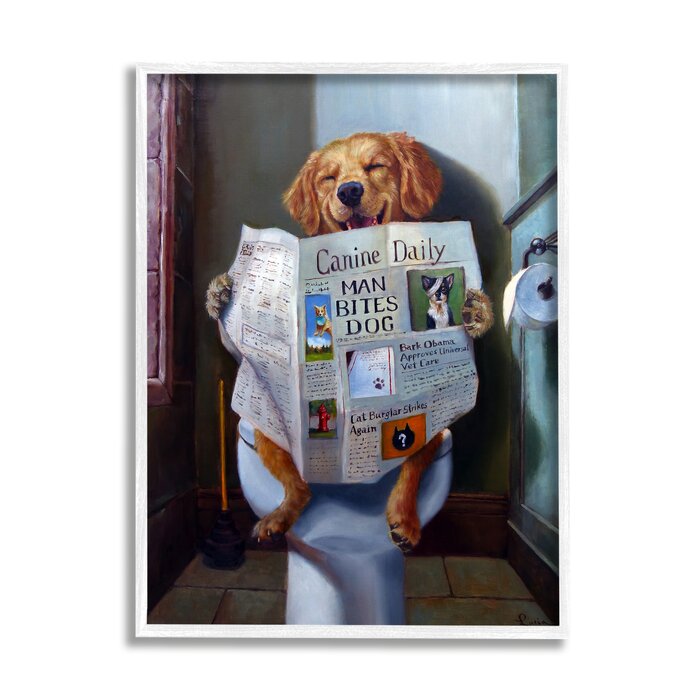 14" H x 11" W x 1.5" D Dog Reading The Newspaper On Toilet Funny - Floater Frame Graphic Art on Canvas