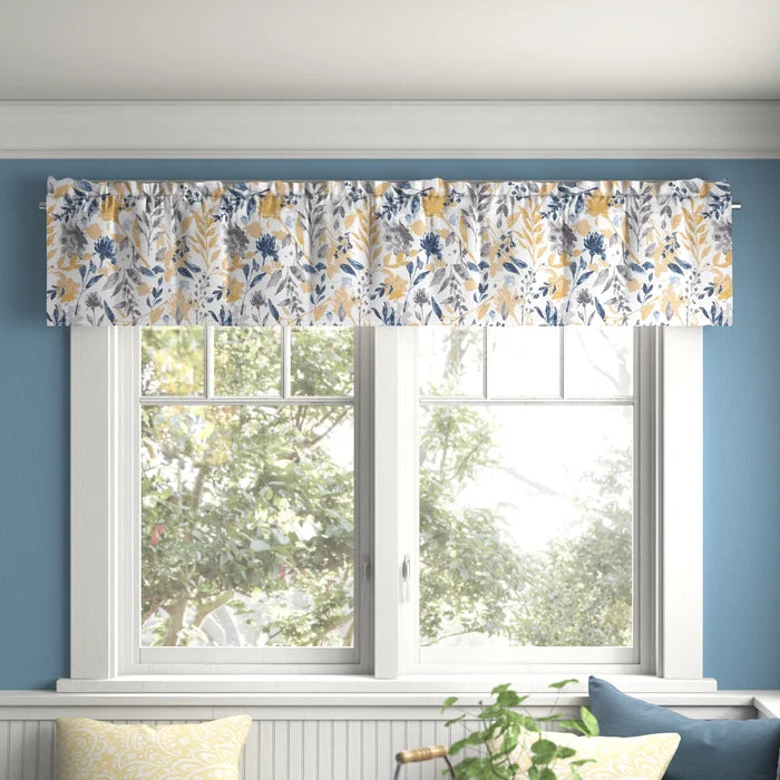 Elisa Floral Cotton Ruffled 72'' Window Valance in Blue/Yellow/Gray (Set of 2)