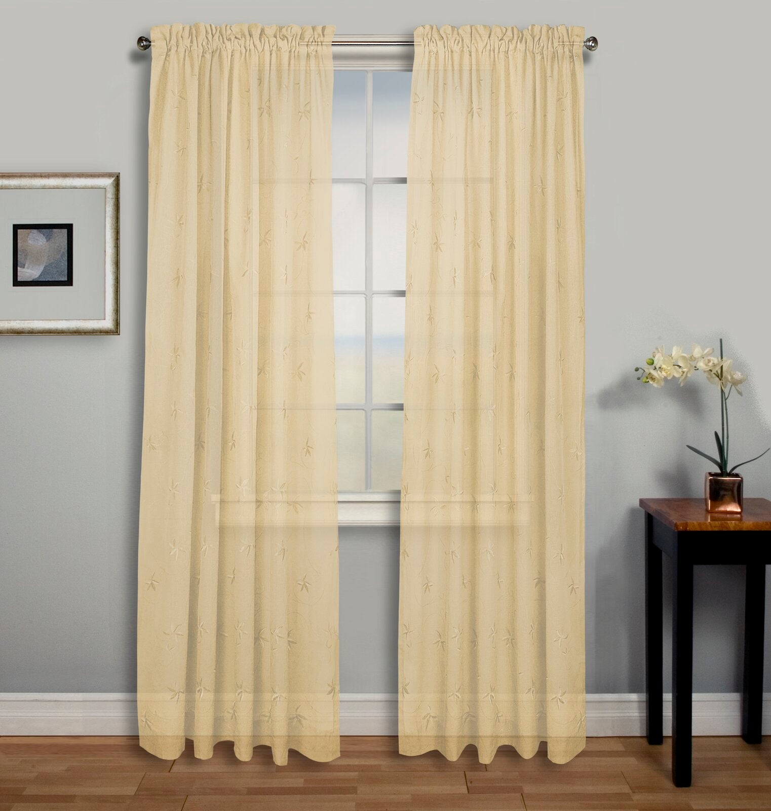 52" x 72" Elland Embroidered Floral Semi-Sheer Rod Pocket Single Curtain Panel (Set of 2)