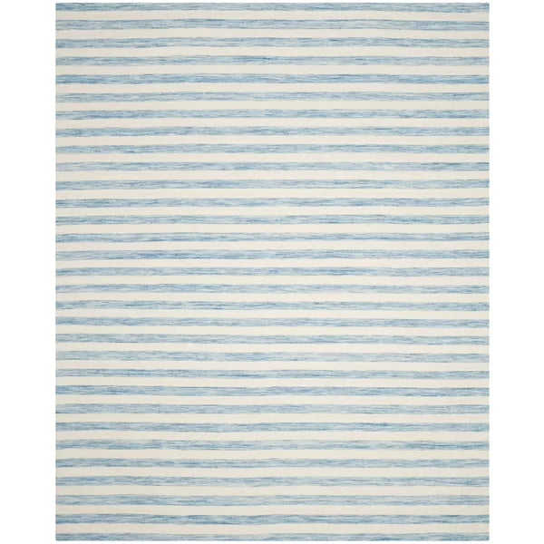 Emek Striped Handmade Hand-Loomed Area Rug in Aqua/Ivory rectangle 6'x9'