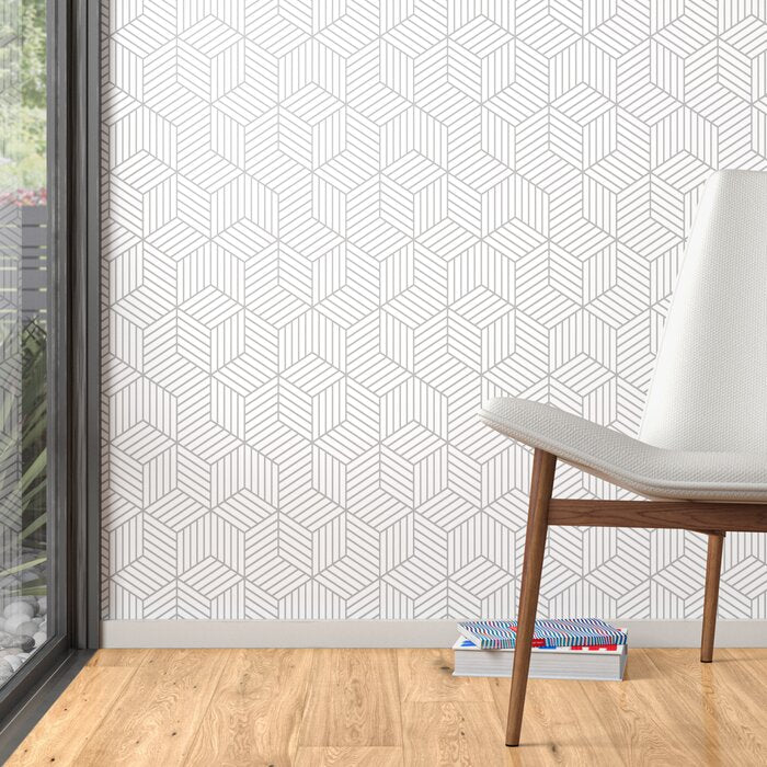 1 Roll - Enid Striped Hexagon 16.5' L x 20.5" W Geometric Peel and Stick Wallpaper Roll, White/Gray - 28.18 Square Feet (#K5914)
