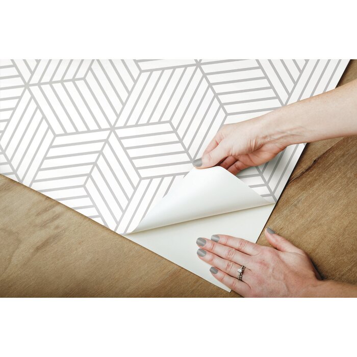 1 Roll - Enid Striped Hexagon 16.5' L x 20.5" W Geometric Peel and Stick Wallpaper Roll, White/Gray - 28.18 Square Feet (#K5914)