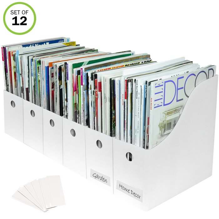 White Evelots 12 Magazine/File Holders & Labels (Set of 12)