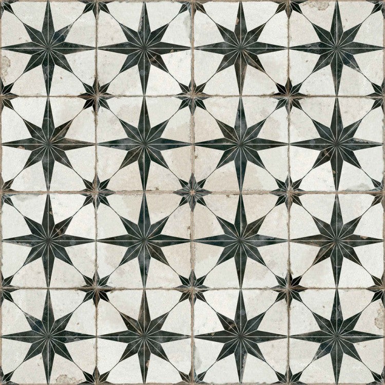 9 BOXES - Royalty 18" x 18" Ceramic Patterned Wall & Floor Tile, Beige/Black - 99.18 Square Feet **1 Additional Box (11.02 square feet) Included** (#K6397 - 10 BOXES)