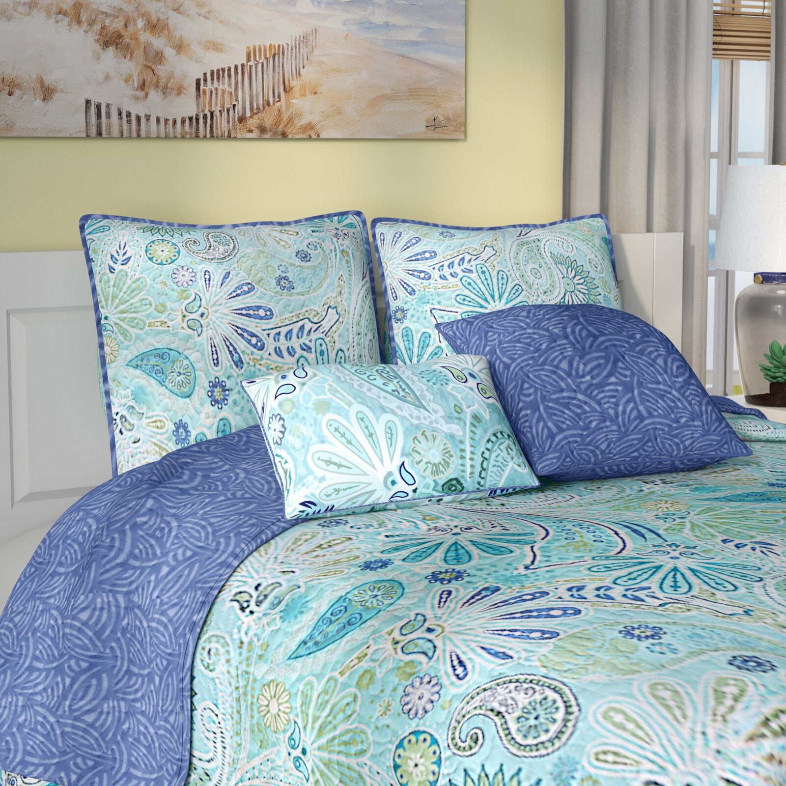 King Blue/Aqua Fareham 5 Piece Reversible Quilt Set SC193