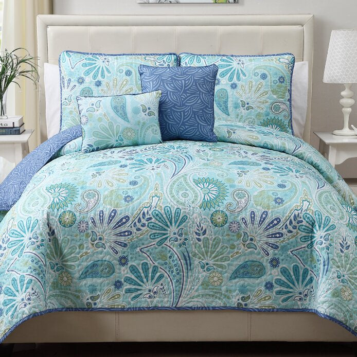 King Blue/Aqua Fareham 5 Piece Reversible Quilt Set SC193