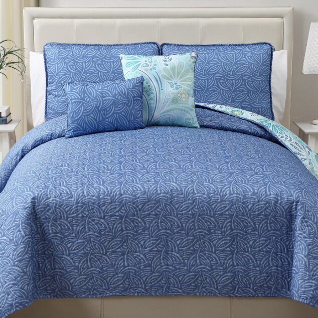King Blue/Aqua Fareham 5 Piece Reversible Quilt Set SC193