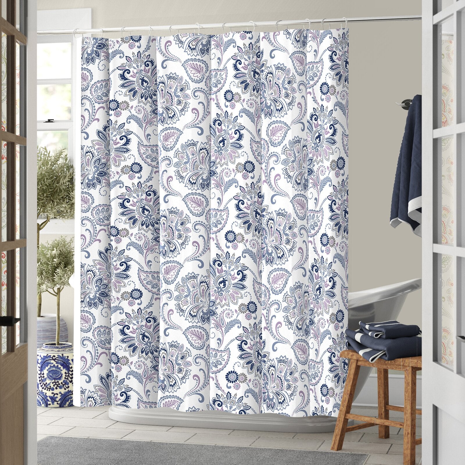 Blue Fieldon Cotton Floral Single Shower Curtain RA169