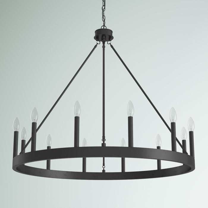 Black Finchley 12 - Light Candle Style Wagon Wheel Chandelier