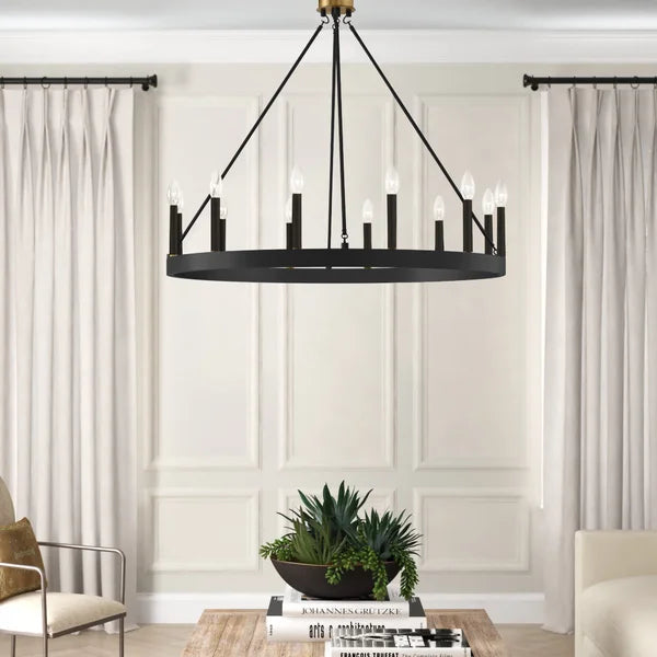 Black/Brass Finchley 12 - Light Candle Style Wagon Wheel Chandelier