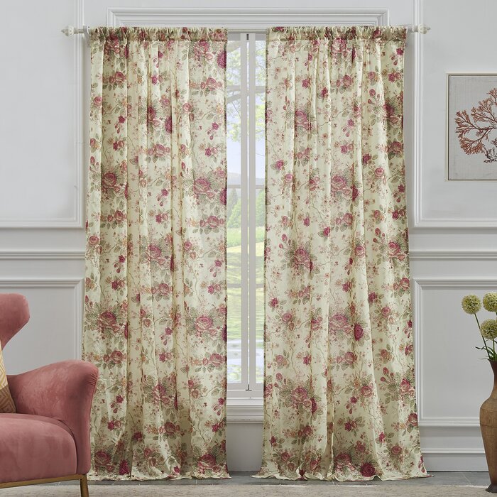 Goshen Nature/Floral Sheer Rod Pocket 84" Curtain Panels (Set of 2) #HA1049