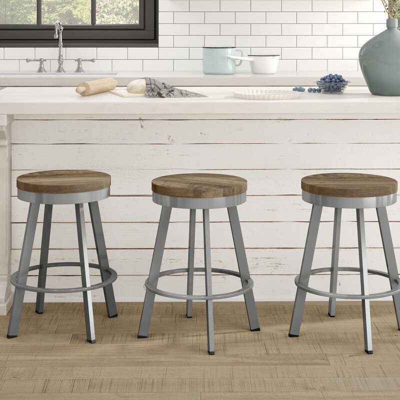 Glossy Gray Metal/Beige Wood Floumoy Swivel Solid Wood Bar & Counter Stool , Counter Stool