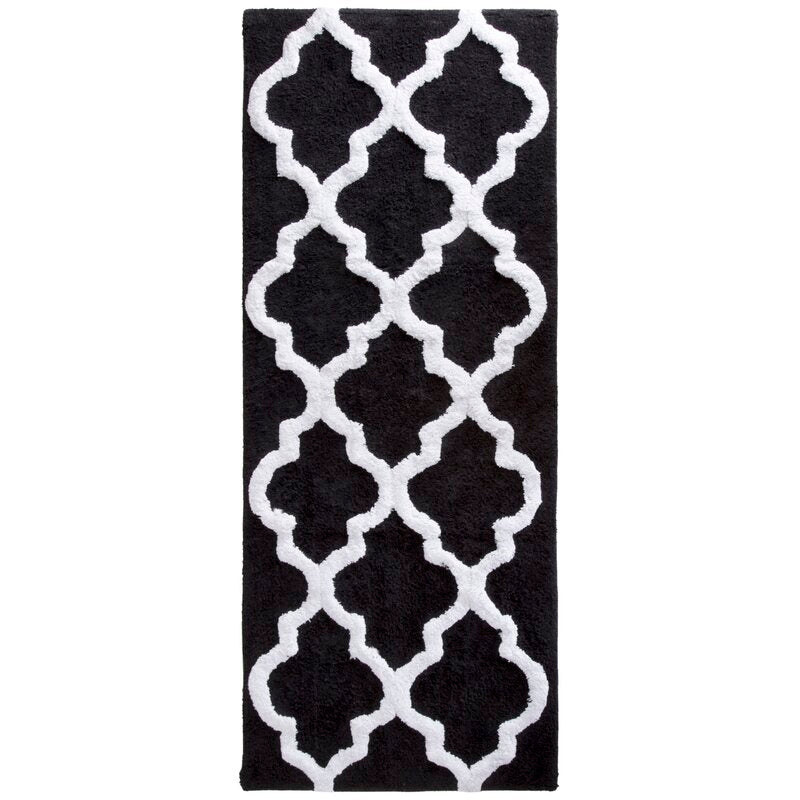 Black Freida Long Trellis Rectangular 100% Cotton Non-Slip Geometric Bath Rug 24'' x 60"