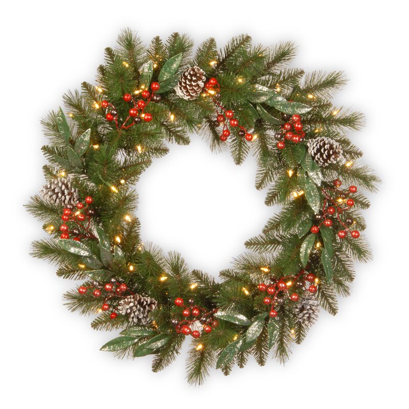 30" H x 30" W x 4" D Frosted Berry 24" Lighted Wreath