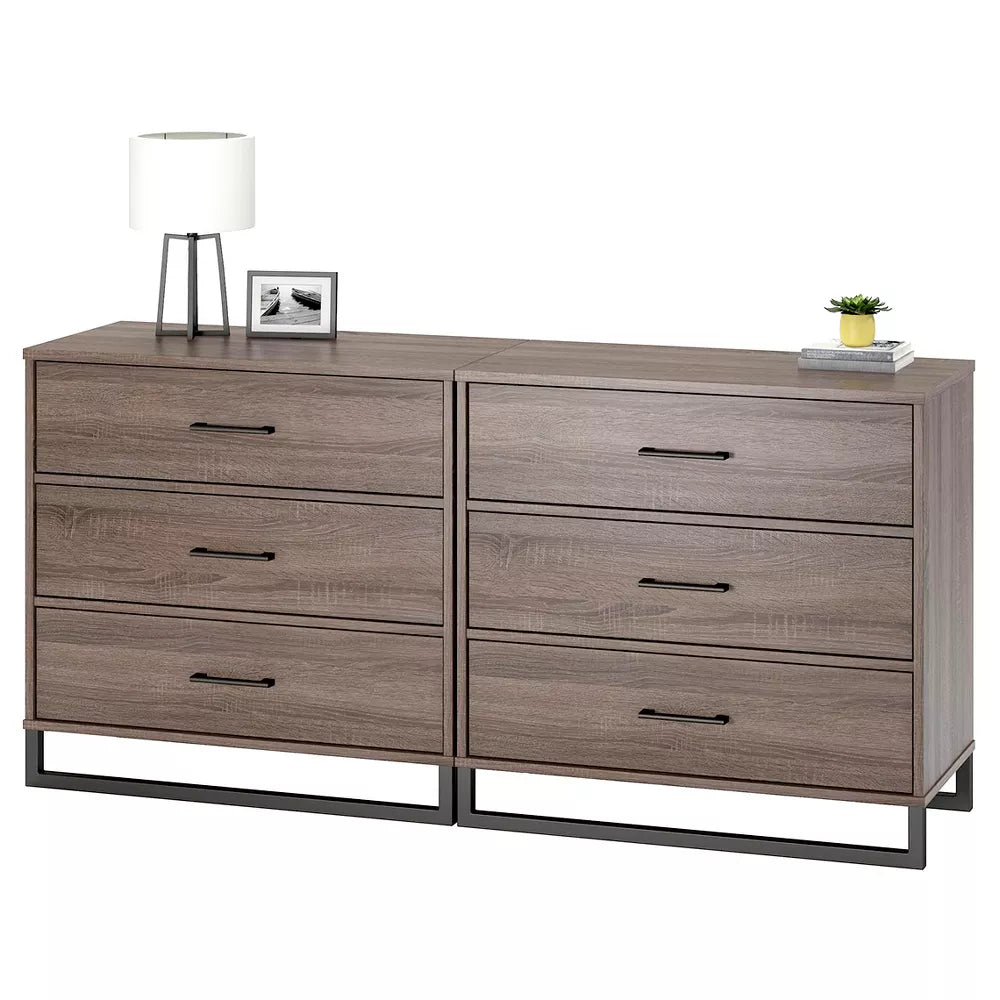 mixed material 3 drawer dresser medium brown Brown Wooden Dresser with 3 Folding Fabric Drawers Perfect Fit to Any Small Space