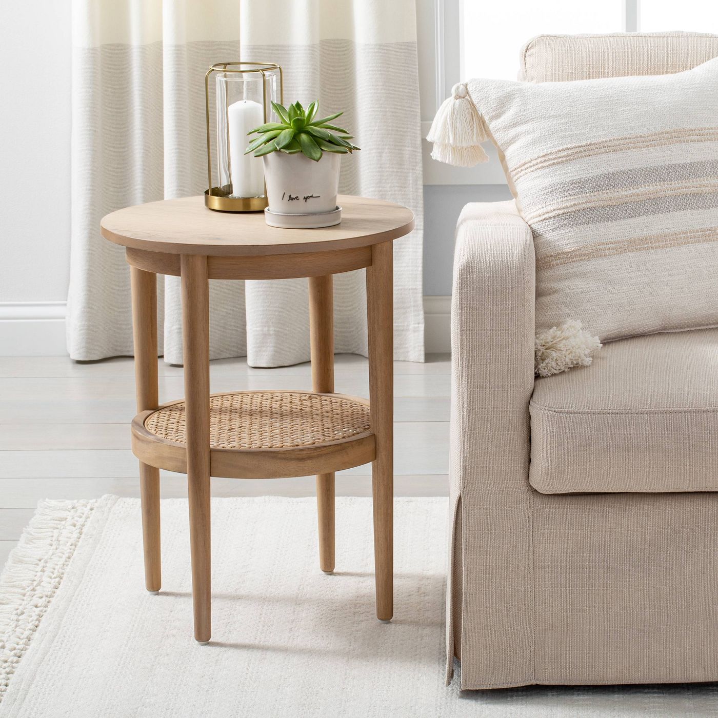 Wood & Cane Round Accent Table