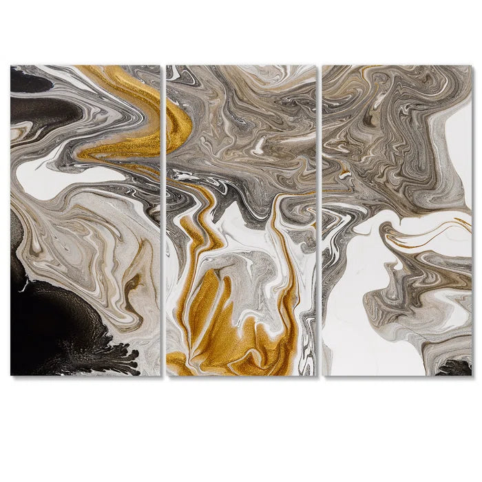 40" H x 60" W x 1" D Gold And Black Marble Waves III - 3 Piece Wrapped Canvas Graphic Art
