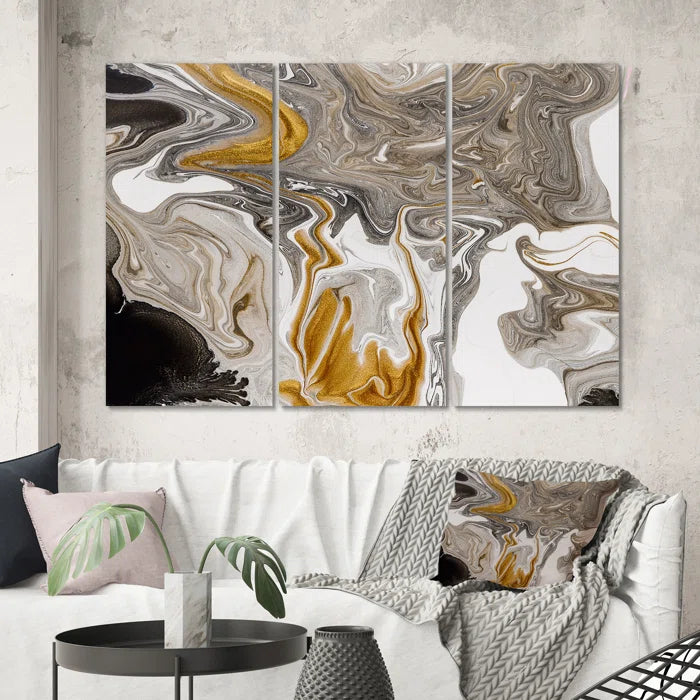 40" H x 60" W x 1" D Gold And Black Marble Waves III - 3 Piece Wrapped Canvas Graphic Art