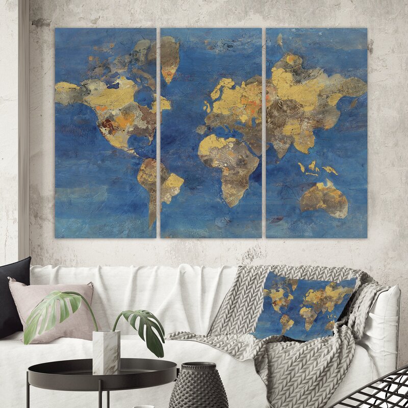32" H x 48" W x 1" D Golden Glam World Map - 3 Piece Wrapped Canvas Painting (set of 3) KB2431-A4-B3-P1