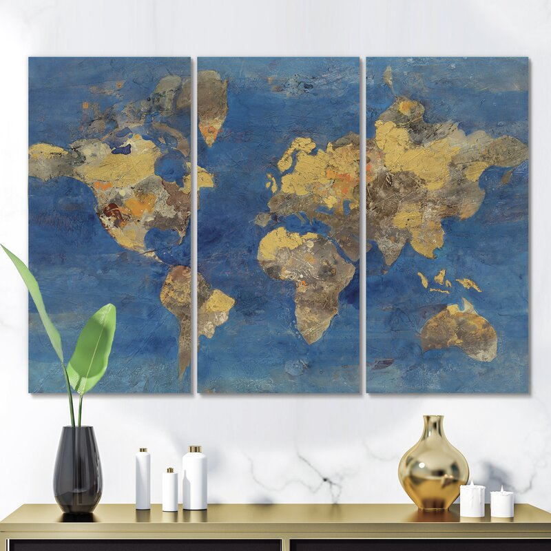 32" H x 48" W x 1" D Golden Glam World Map - 3 Piece Wrapped Canvas Painting (set of 3) KB2431-A4-B3-P1