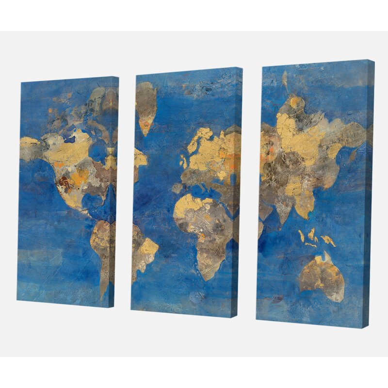 32" H x 48" W x 1" D Golden Glam World Map - 3 Piece Wrapped Canvas Painting (set of 3) KB2431-A4-B3-P1
