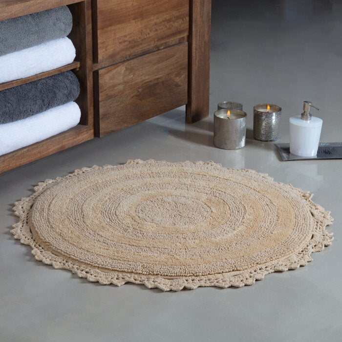 Beige Gottschalk Crochet Border Tufted Circle 100% Cotton Reversible Bath Rug #HA475