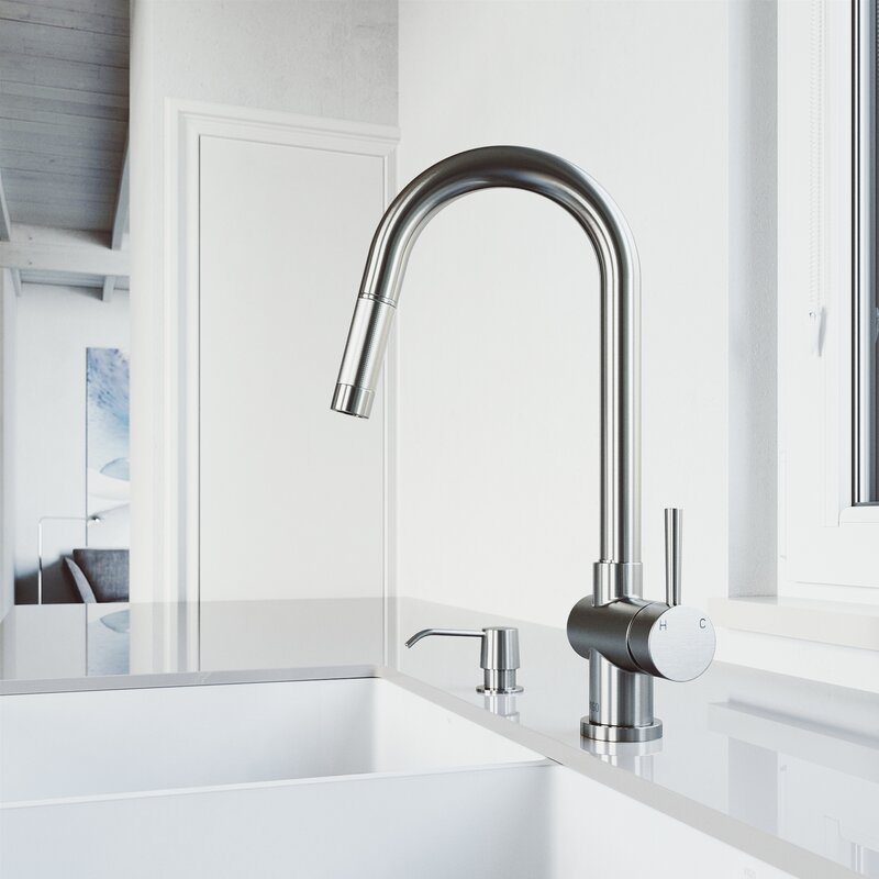 Gramercy Pull Down Single Handle Kitchen Faucet with Soap Dispenser, Stainless Steel (#737)