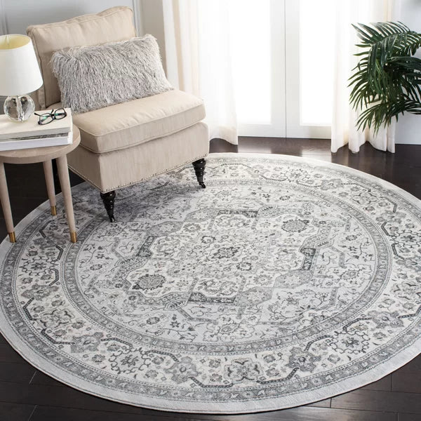 Gurseese Oriental Area Rug in Light Gray round 6'7"