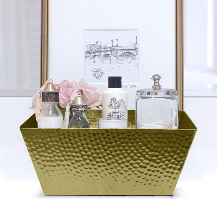 5.25" H x 12" W x 7.25" D Gold Hammered Metal Basket