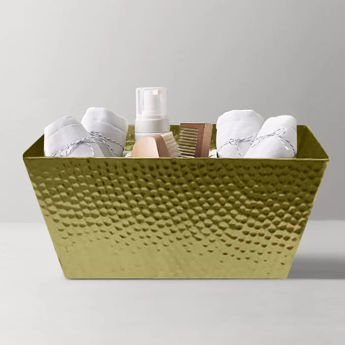 5.25" H x 12" W x 7.25" D Gold Hammered Metal Basket