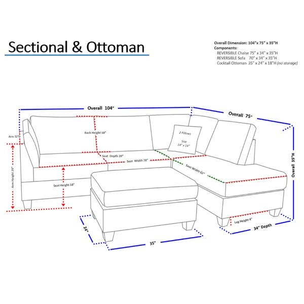 Hemphill 104 reversible top sectional with ottoman