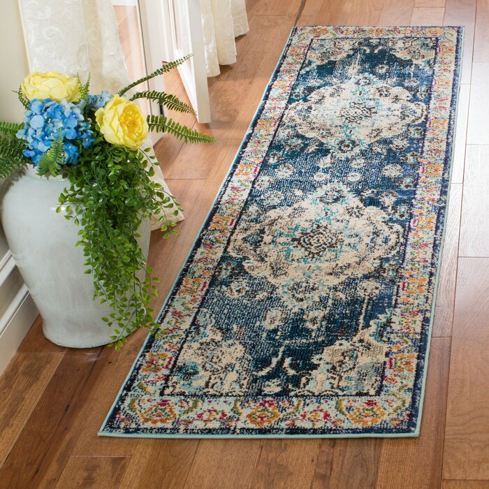 Hertzler Oriental Area Rug in Navy/Light Blue, Runner 2'2" x 10'