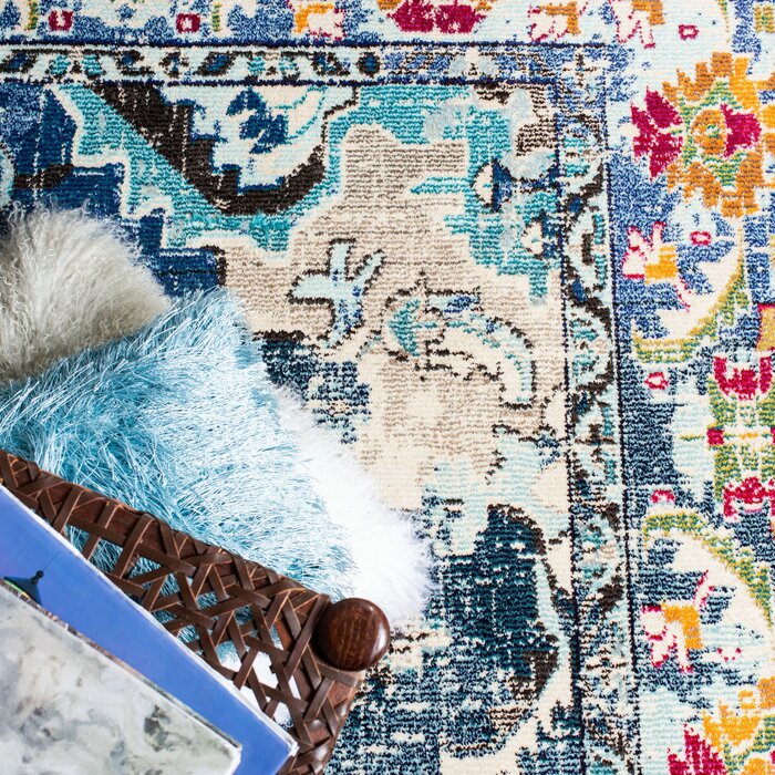 Hertzler Oriental Area Rug in Navy/Light Blue, Runner 2'2" x 10'