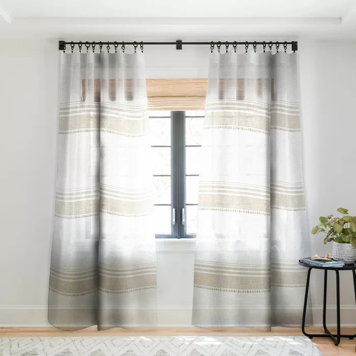 Holli Zollinger French Linen Chambray Tassel Striped Sheer Pinch Pleat Single Curtain Panel