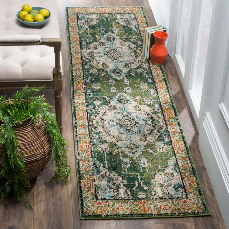 Indira Oriental Handmade Flatweave Area Rug in Forest Green, Runner 2'2" x 12'