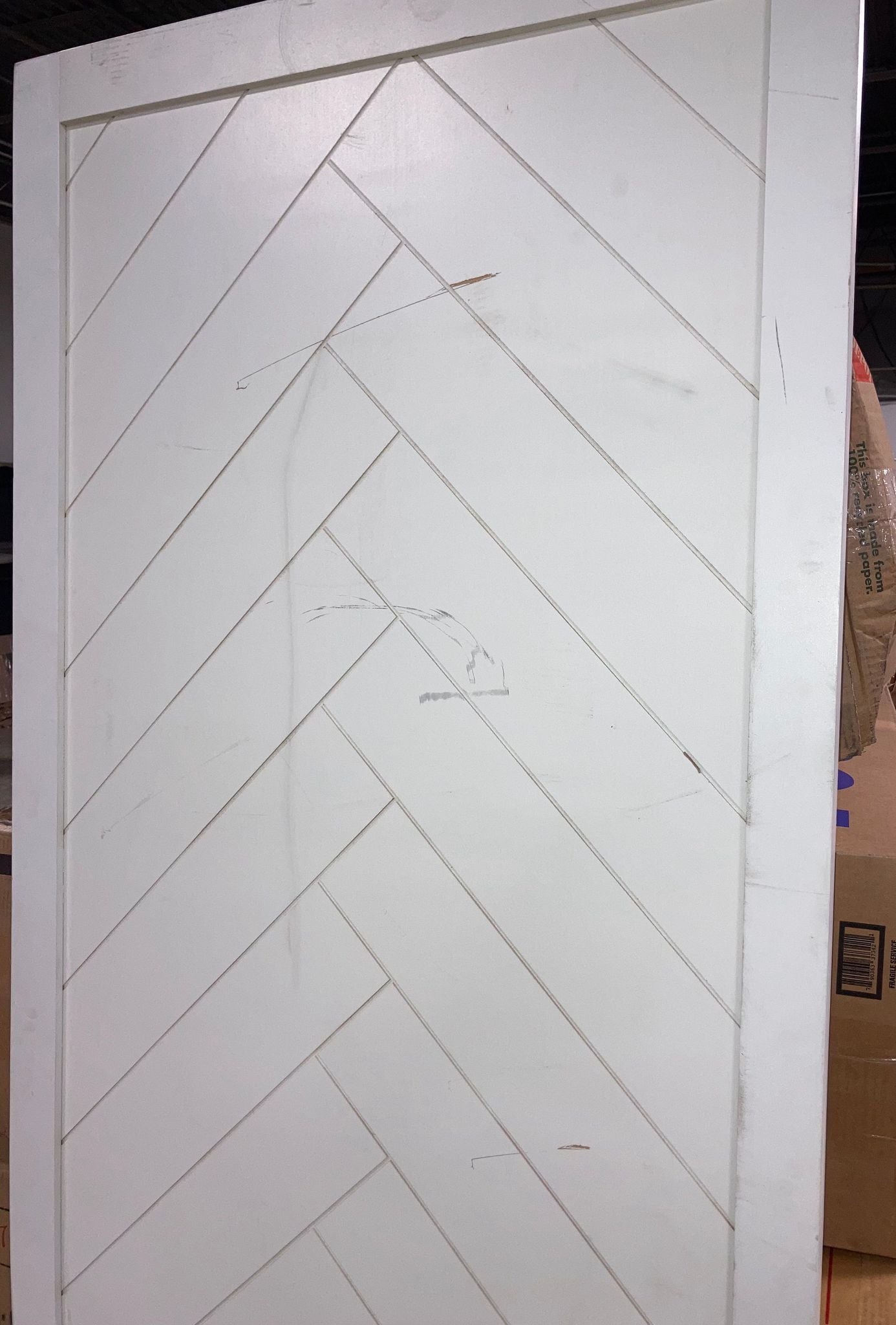 White Paneled Wood Finish Herringbone Barn Door with Installation Hardware Kit AS IS - OP015