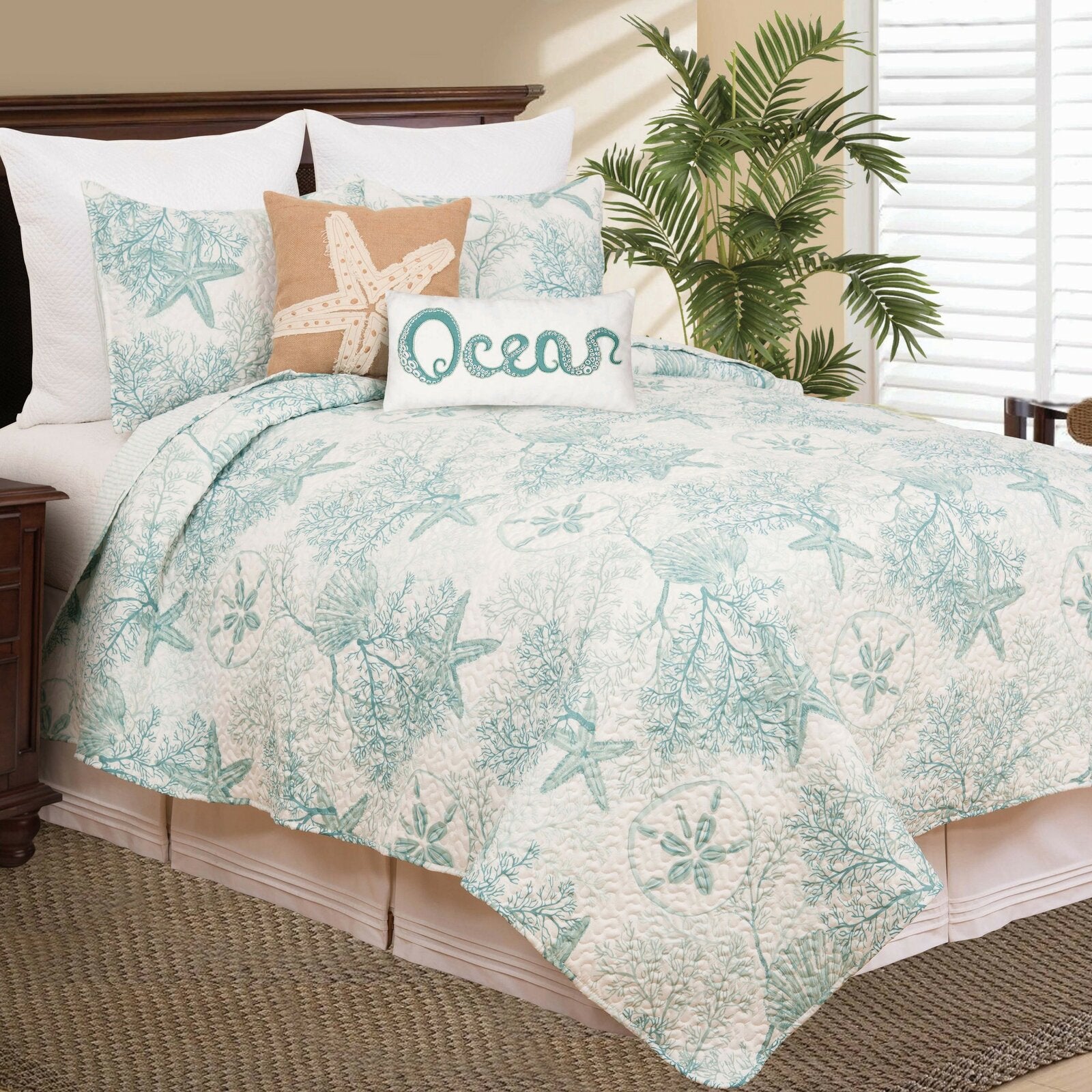 Jeterson Aqua Reversible Floral 3 Piece Quilt Set FULL/QUEEN EE805