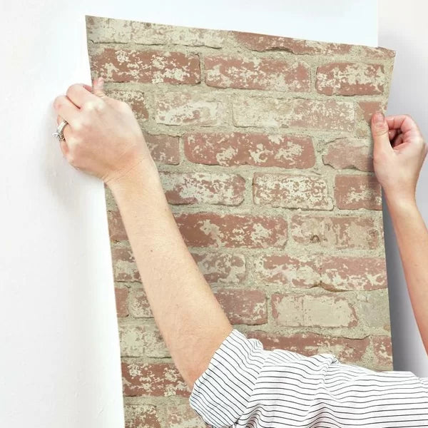Beige Joetta Stuccoed 16.5' L x 20.5" W Brick Peel and Stick Wallpaper Roll,1 Roll = 28.18 Sq. Ft.