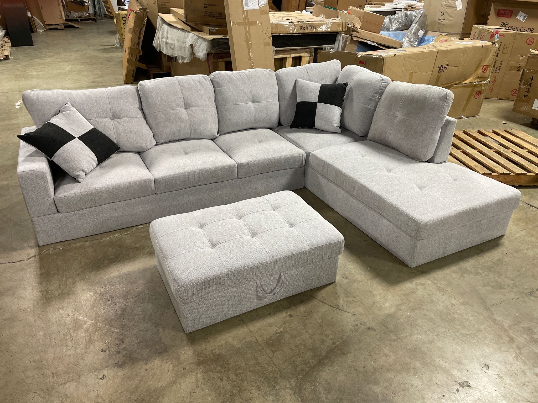 Beverly Fine Andes Furniture with Faux Leather Microfiber Sofa Set with Ottoman, Wood, Light Gray CA440