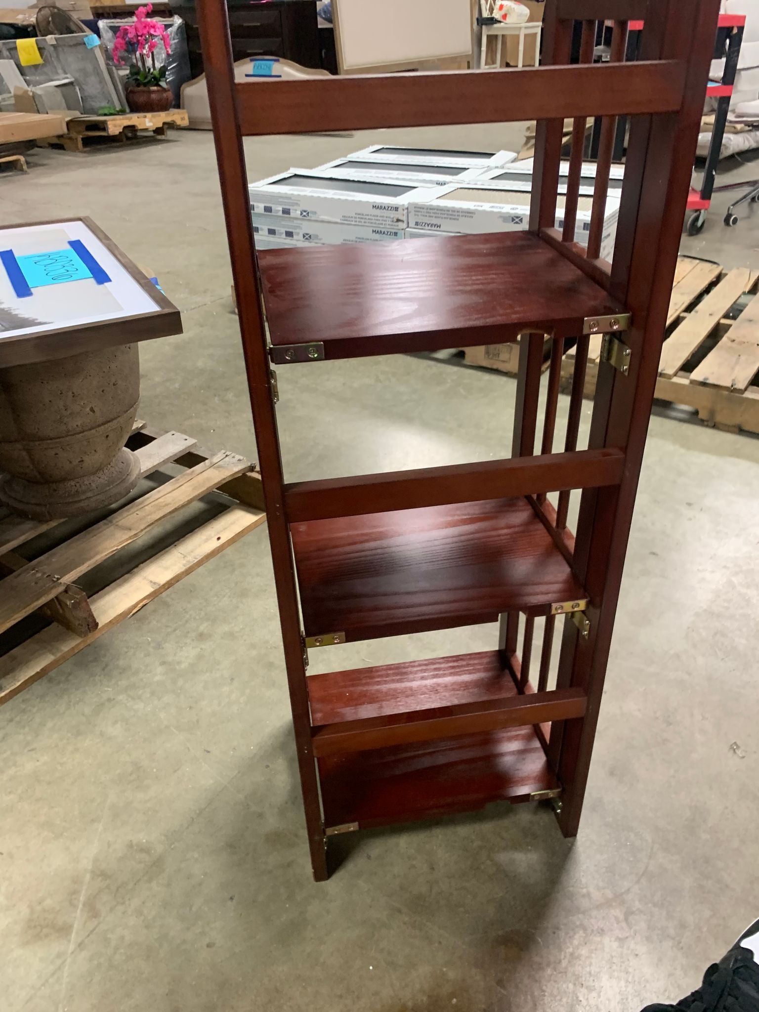 38 in. H Mahogany New Finish Solid Wood 3-Shelf Etagere Folding/Stacking Open Bookcase KBO342