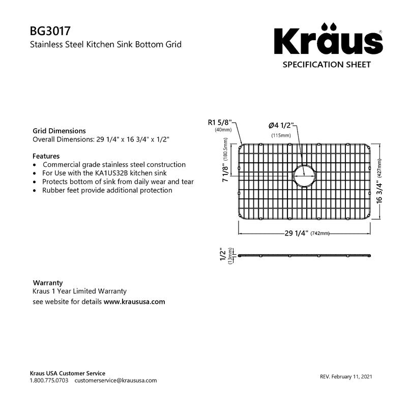 KRAUS Stainless Steel Bottom Grid For Dex Series Kitchen Sink