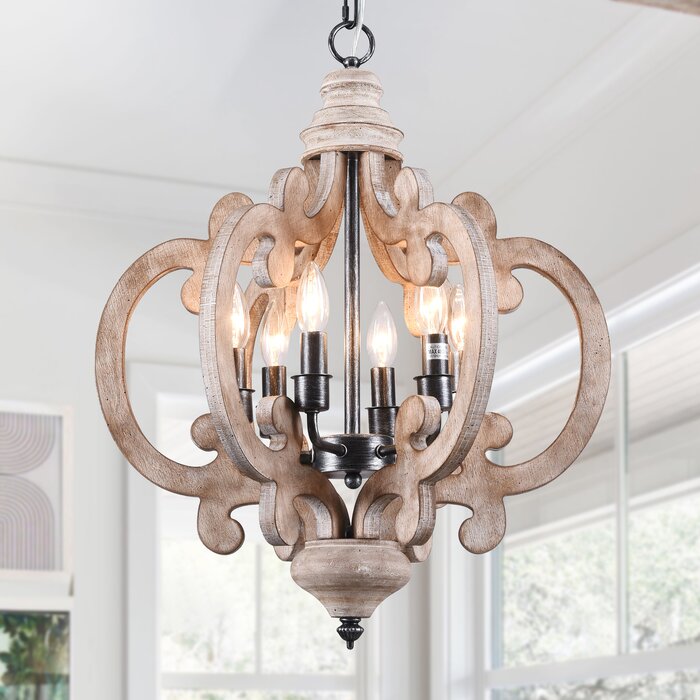Weathered Wood Kacie 6 - Light Wood Dimmable Lantern Geometric Chandelier