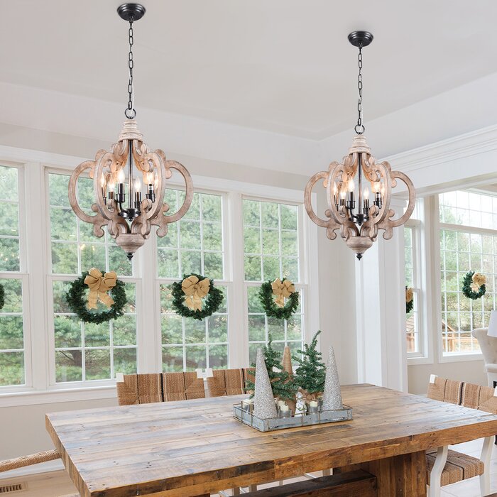 Weathered Wood Kacie 6 - Light Wood Dimmable Lantern Geometric Chandelier